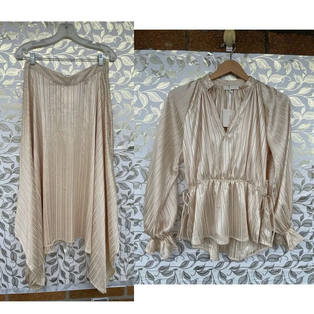 NWT Vita Grace Satin Peplum Top & Asymmetric Skirt Set S/M Champagne Luxury